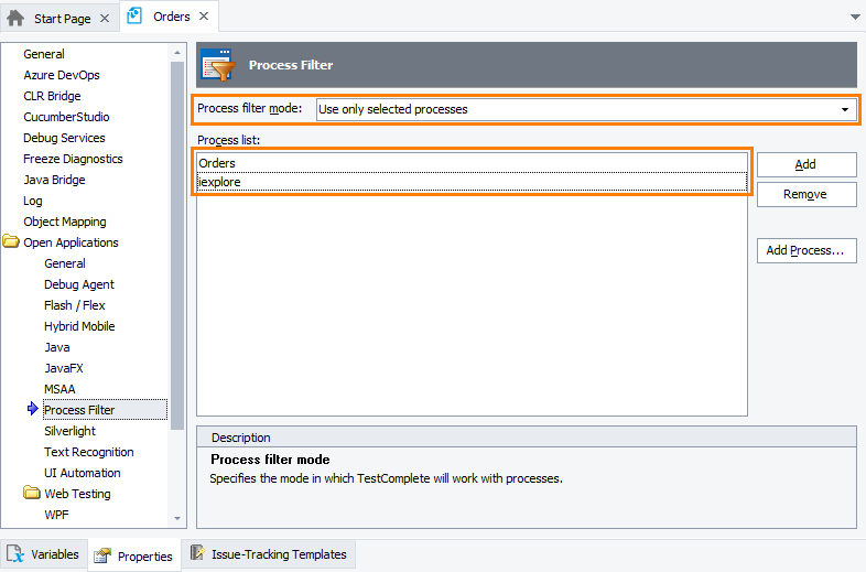 Configuring the process filter Enhancing TestComplete performance: Configuring process filter
