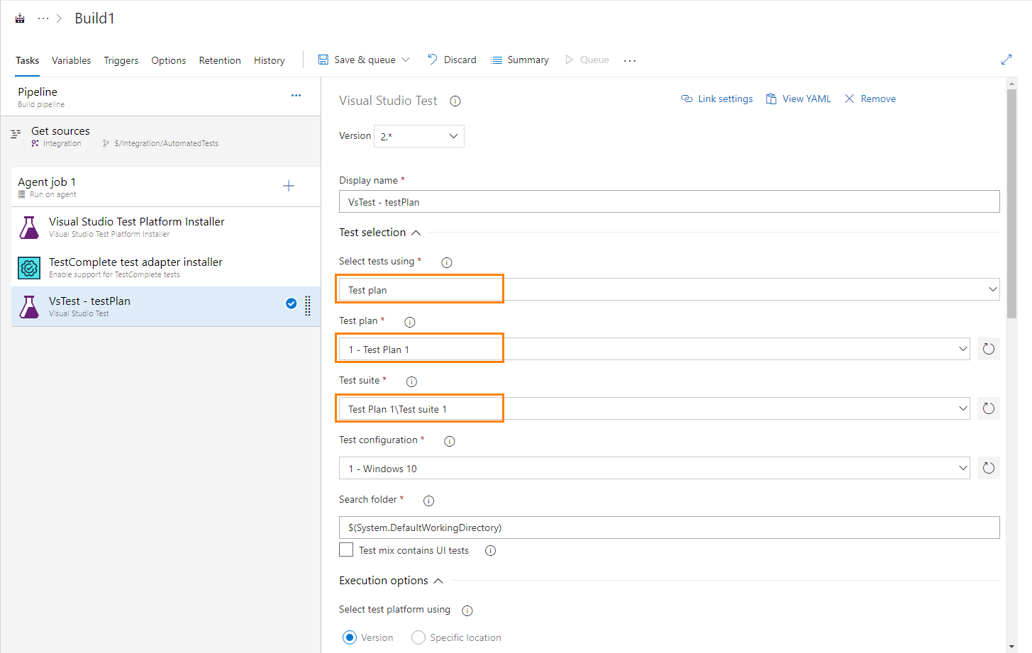 Configuring the Visual Studio Test task to run test cases to which TestComplete tests are assigned TestComplete integration with Azure DevOps: Configuring a Visual Studio Test task to run test cases to which TestComplete tests are assigned