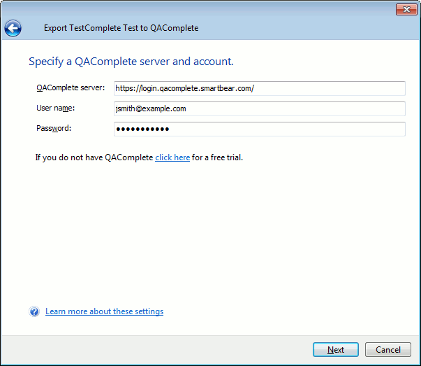 Exporting to QAComplete: Specify a QAComplete server and account Exporting to QAComplete: Specify a QAComplete server and account