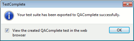 Dialog window: Successful export to QAComplete Dialog window: Successful export to QAComplete