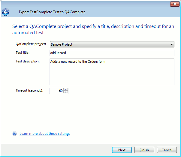 Exporting to QAComplete: Select a QAComplete project, title, description and timeout for a test Exporting to QAComplete: Select a QAComplete project, title, descrition and timeout for a test