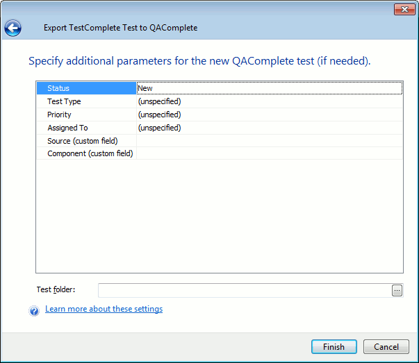 Exporting to QAComplete: Specify additional parameters of a new test Exporting to QAComplete: Specify additional parameters of a new test