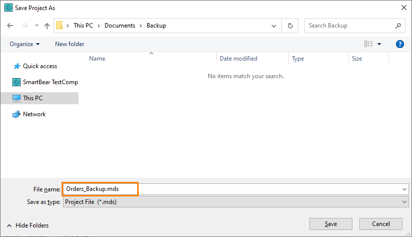 Creating a backup copy of a TestComplete project: Specifying the project's name and location Creating a backup copy of a TestComplete project: Specifying the project's name and location