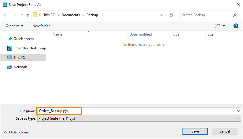 Creating a backup copy of a TestComplete project suite: Specifying the project suite's name and location Creating a backup copy of a TestComplete project suite: Specifying the project suite's name and location