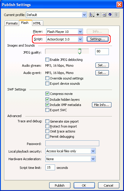 The Flash Page in the Publish Settings Dialog The Flash Page in the Publish Settings Dialog