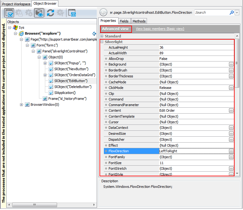 Native Properties of a Silverlight Button Object in Object Browser Native Properties of a Silverlight Button Object in Object Browser