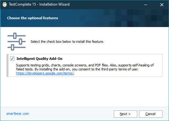 TestComplete Installation Wizard - Enable the Intelligent Quality Add-On TestComplete Installation Wizard - Enable Intelligent Quality Add-On