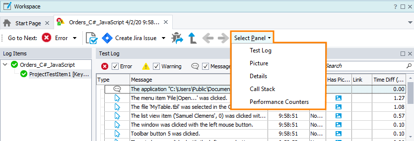 Select log panel on the Log toolbar Select log panel on the Log toolbar