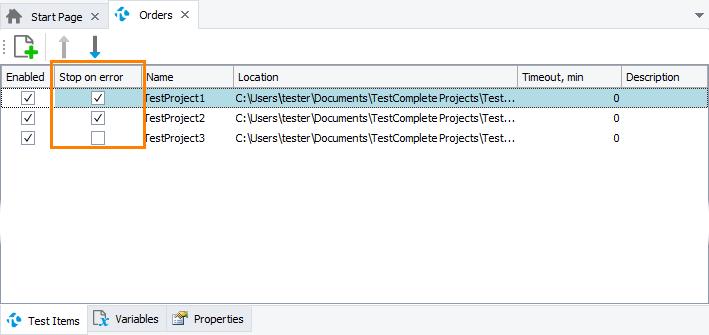 Project Suite test items' 'Stop on Error' property Project Suite test items' 'Stop on Error' property
