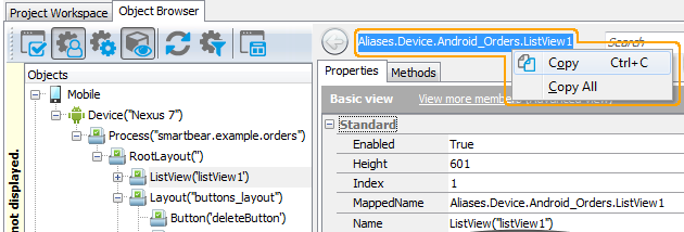 Android testing: Copying object name from the Object Browser Android testing: Copying object name from the Object Browser
