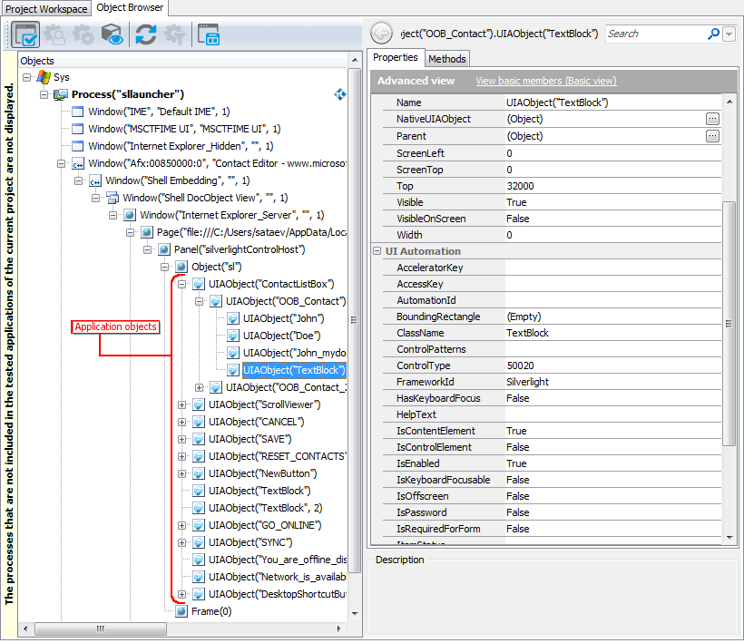 The Object Browser displaying an out-of-browser Silverlight application The Object Browser Displaying an out-of-browser Silverlight Application