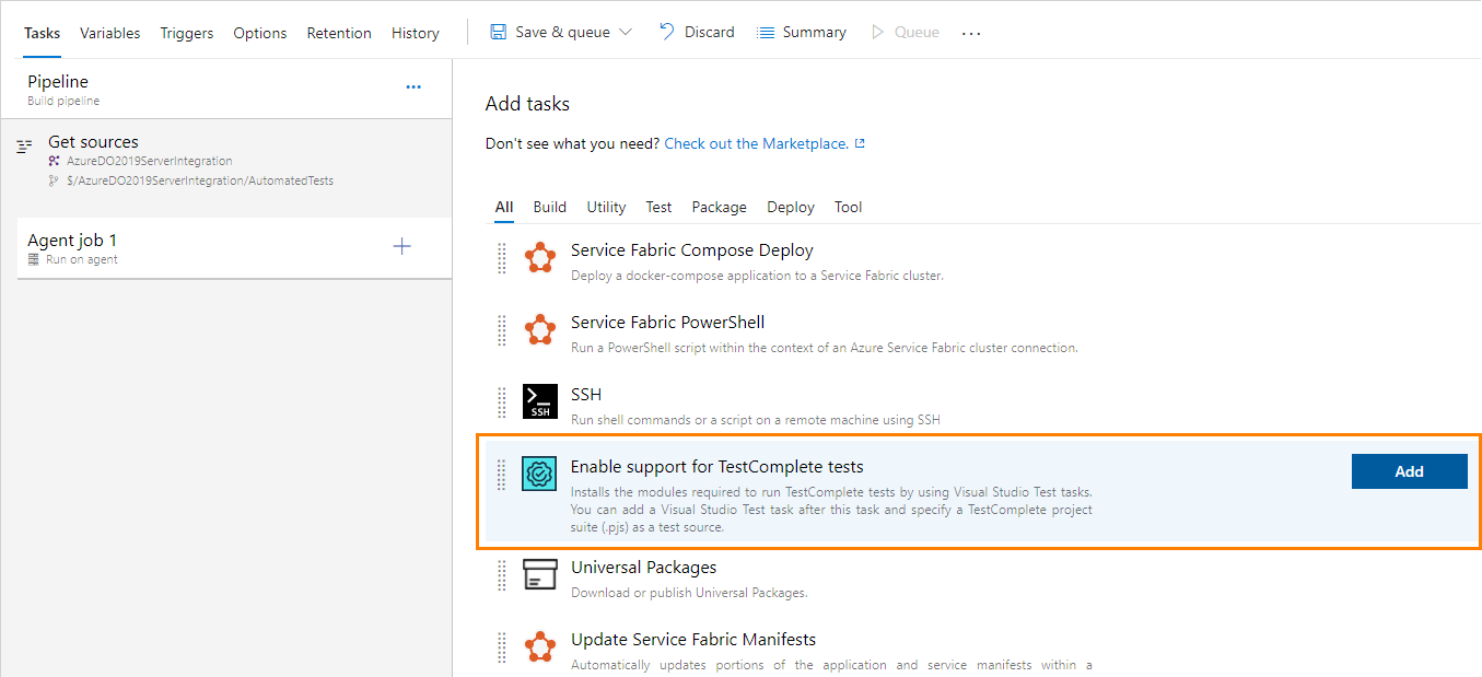 The Enable TestComplete tests task is available TestComplete integration with Azure DevOps: Enable TestComplete tests task is available