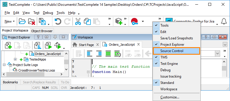 Opening the Source Control toolbar Opening the Source Control toolbar