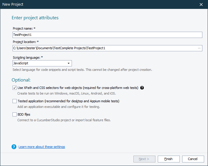 The 'Enter project attributes' page The 'Enter project attributes' page