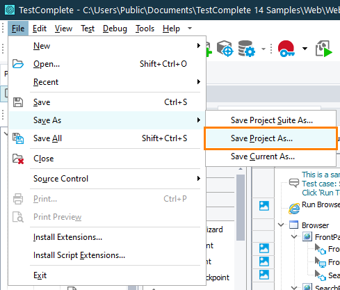 Creating a backup copy of a TestComplete project from the TestComplete IDE Creating a backup copy of a TestComplete project from TestComplete IDE