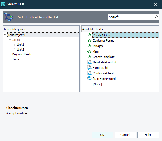 Select Test dialog called from the Execution Plan editor of the project Select Test dialog called from the Execution Plan editor of the project