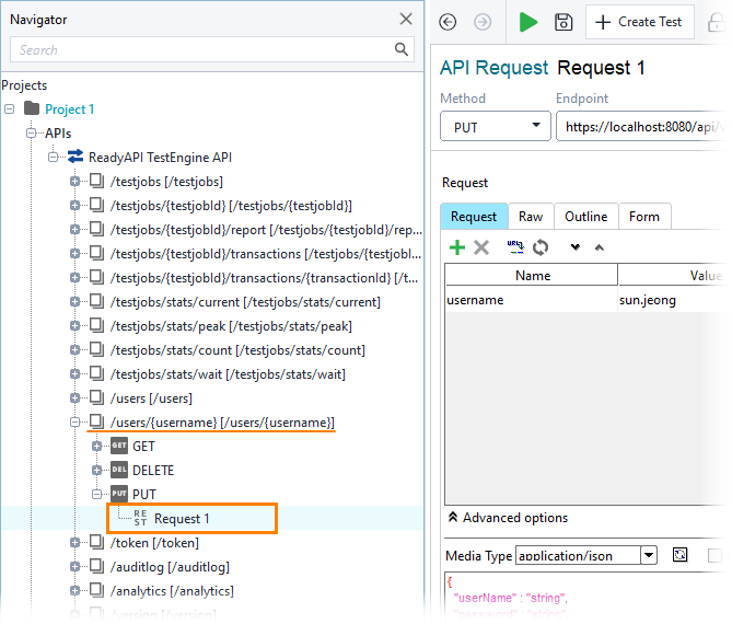Managing TestEngine users via API: Selecting the PUT request