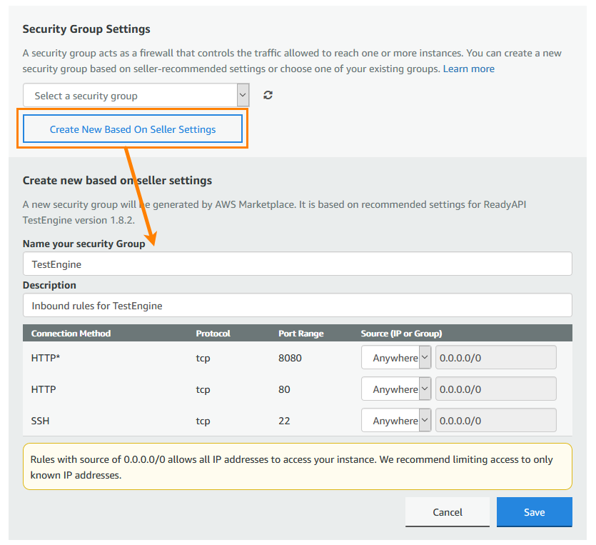 TestEngine plugin in AWS marketplace: Security group with inbound rules for ReadyAPI