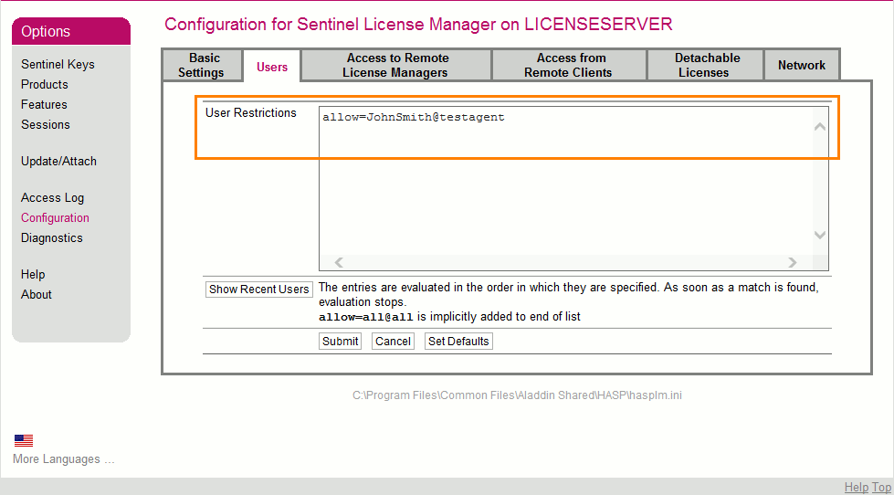 Specifying user restrictions