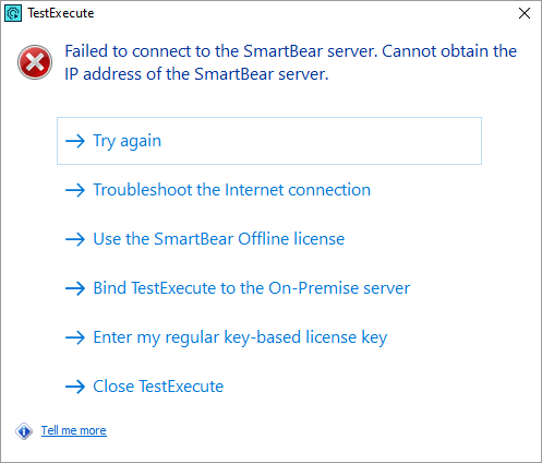 The message box 'Failed to connect to license servers'.