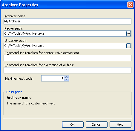 Archiver Properties Dialog