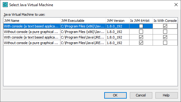 Select Java Virtual Machine dialog