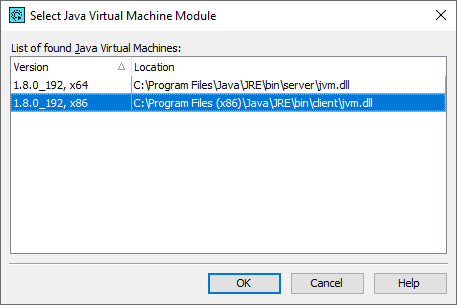 Select Java Virtual Machine Module dialog