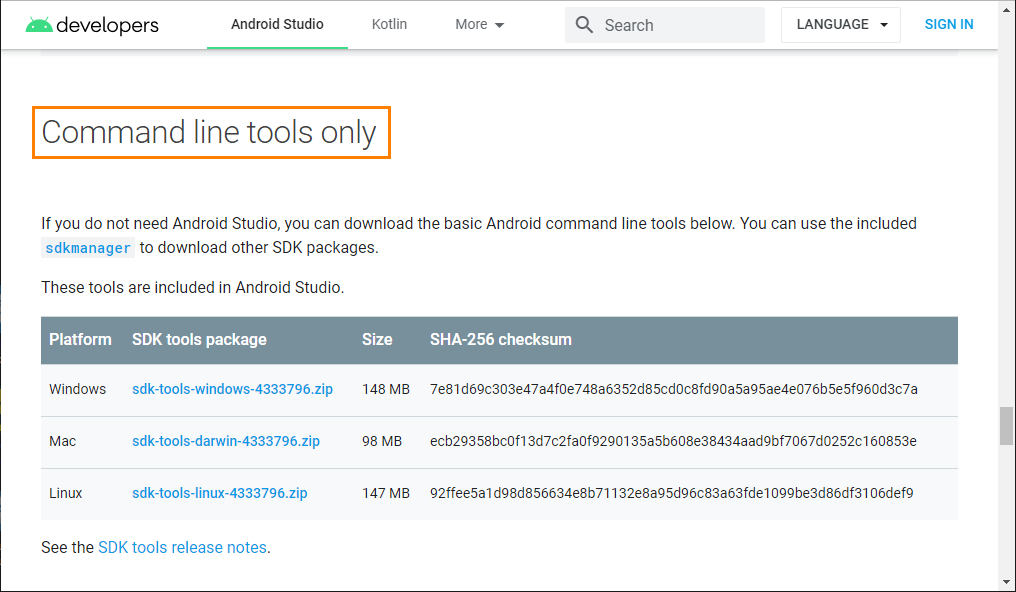 Downloading Android ADK Platform tools