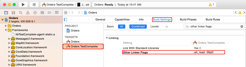 iOS testing with TestComplete: Setting target linker flags
