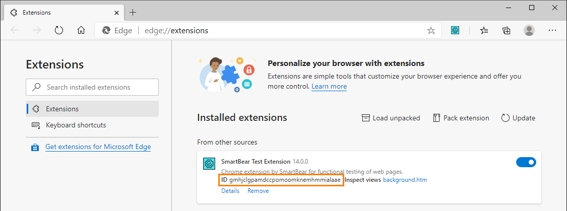 Checking the extension ID in Edge