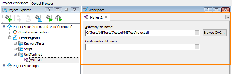 Configuring the MSTest item to run TestLeft tests