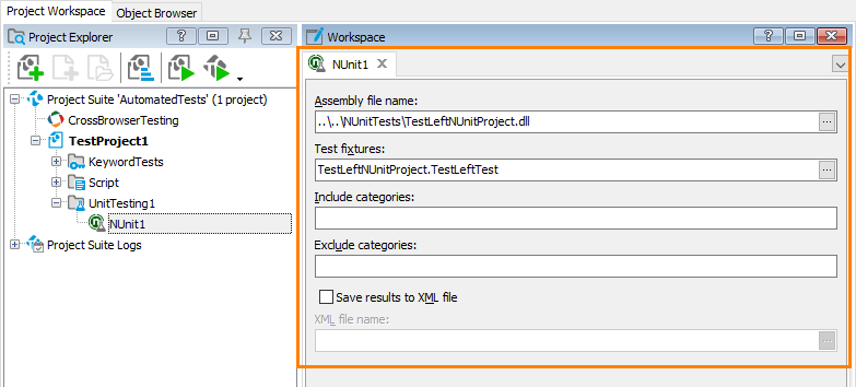 Configuring the NUnit item to run TestLeft tests