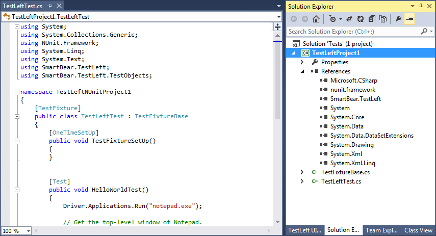 TestLeft NUnit project in Visual Studio