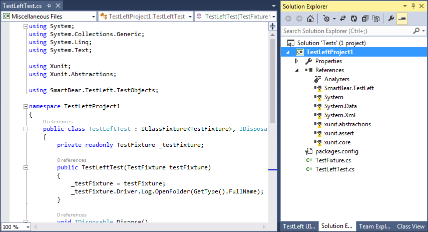 TestLeft xUnit project in Visual Studio