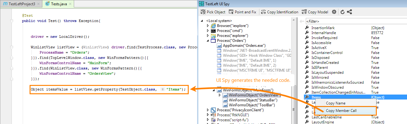 Generating Java code to call native properties and methods in UI Spy