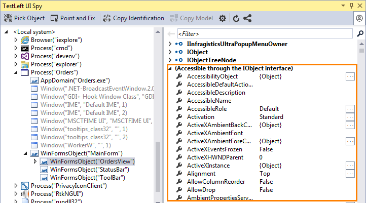 Native properties and methods of the tested object available through the IObject interface (.NET)