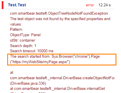 Automated UI and functional testing with TestLeft: The search started from line in the exception message (JUnit test log)