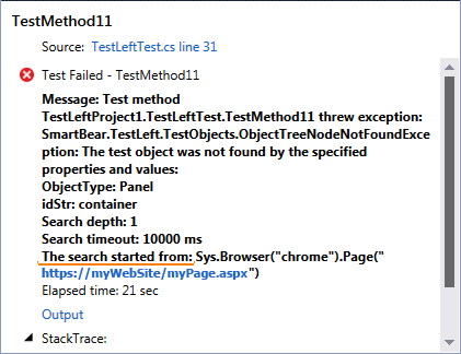 Automated UI and functional testing with TestLeft: The search started from line in the exception message (MSTest log)