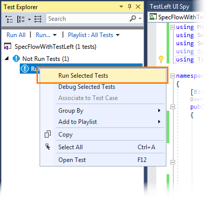 SpecFlow test with TestLeft: Running test