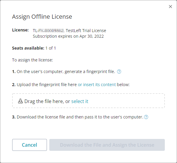 The Assign Offline License dialog