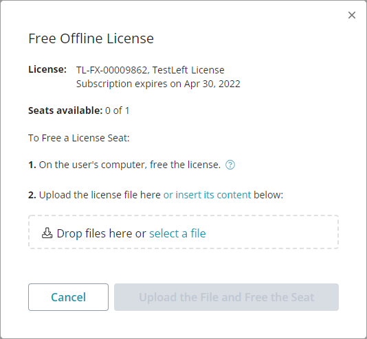 The Free Offline License dialog