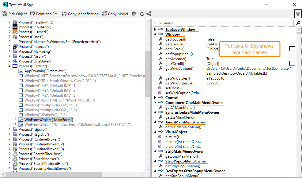 Object types names UI Spy shows when Java is selected