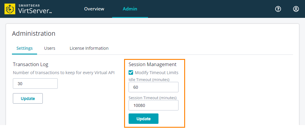VirtServer web interface: Session management
