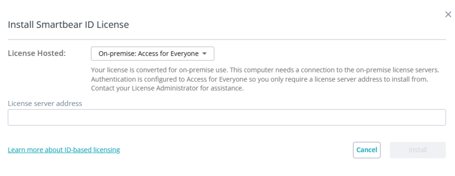 Dialog showing “Install SmartBear ID License” with License Hosted set to On-premise: Access for Everyone. The form includes a single field for entering the license server address and disabled Install and active Cancel buttons.