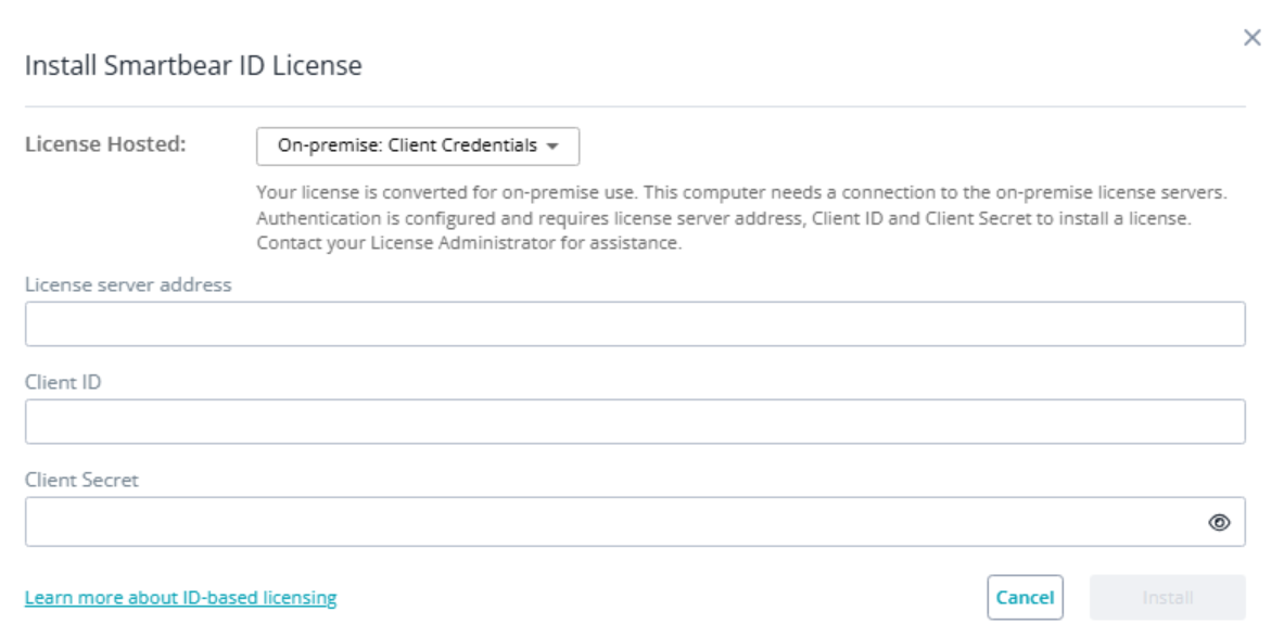 Dialog showing “Install SmartBear ID License” with License Hosted set to On-premise: Client Credentials. The form includes fields for license server address, client ID, and client secret, with disabled Install and active Cancel buttons.