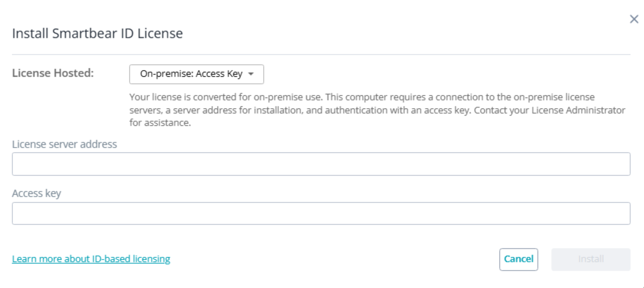 Dialog showing “Install SmartBear ID License” with License Hosted set to On-premise: Access Key. The form includes fields for license server address and access key, with disabled Install and active Cancel buttons.