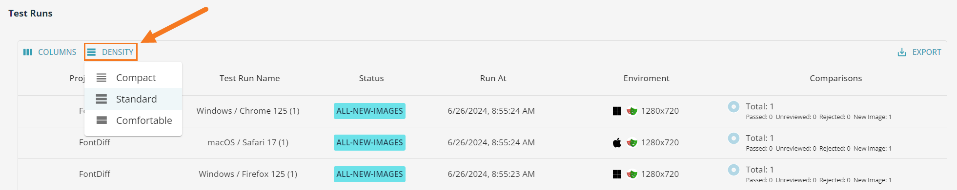 A screenshot of the VisualTest Reports Test Runs rows density.