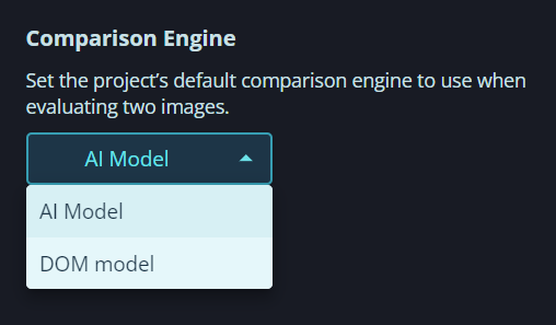 A screenshot of VisualTest Comparison Engine selection.