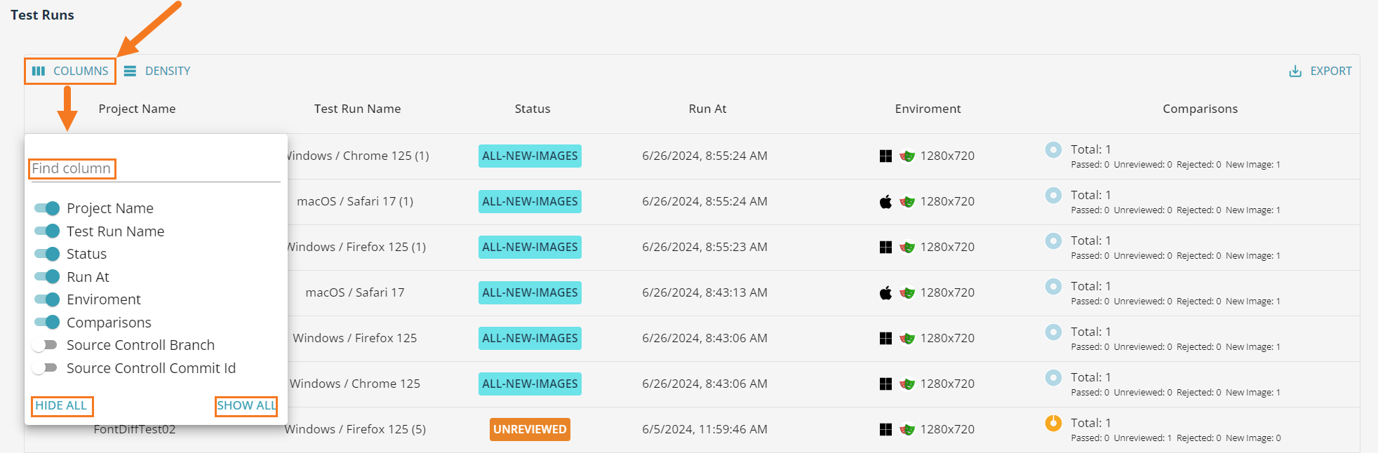 A screenshot of the VisualTest Reports Test Runs columns.