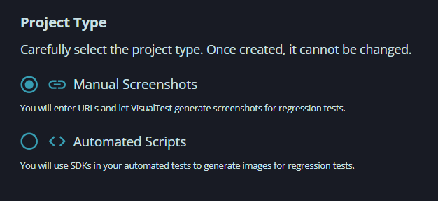 A screenshot of VisualTest project types with the Manual Screenshots selected.